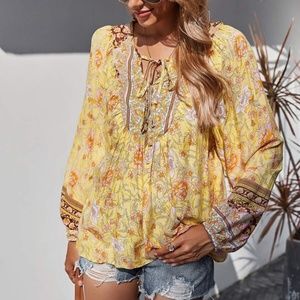 024 Bohemian Yellow Gypsy Floral Print Cottagecore Top